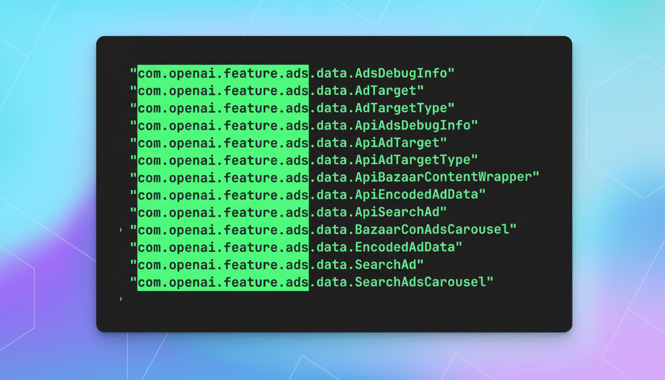 A dark code editor window displaying lines of text with com.openai.feature.ads.data highlighted in green, set against a professional flat design background with soft patterns and gradients in shades of blue and purple.