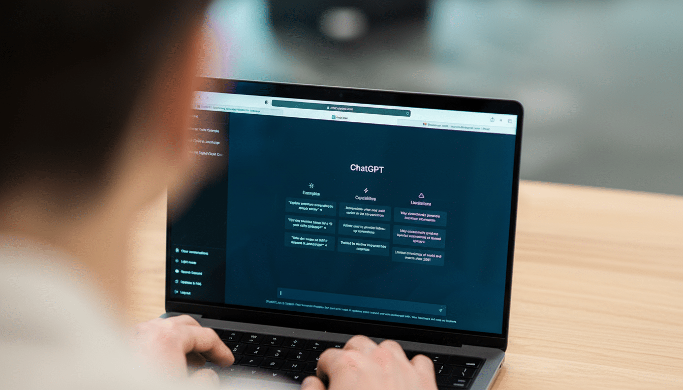A persons back and hands are visible as they type on a laptop displaying the ChatGPT interface.