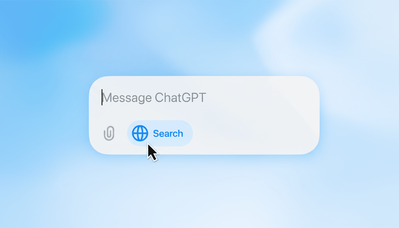 A close-up of a message bar with Message ChatGPT typed in, and a cursor pointing to a Search button with a globe icon.