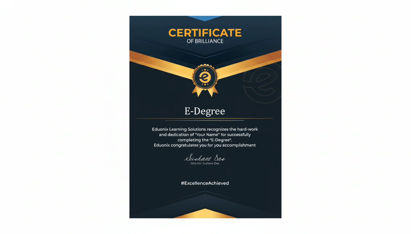 A certificate of brilliance for an E-Degree, presented by Eduonix Learning Solutions, with a professional white background.
