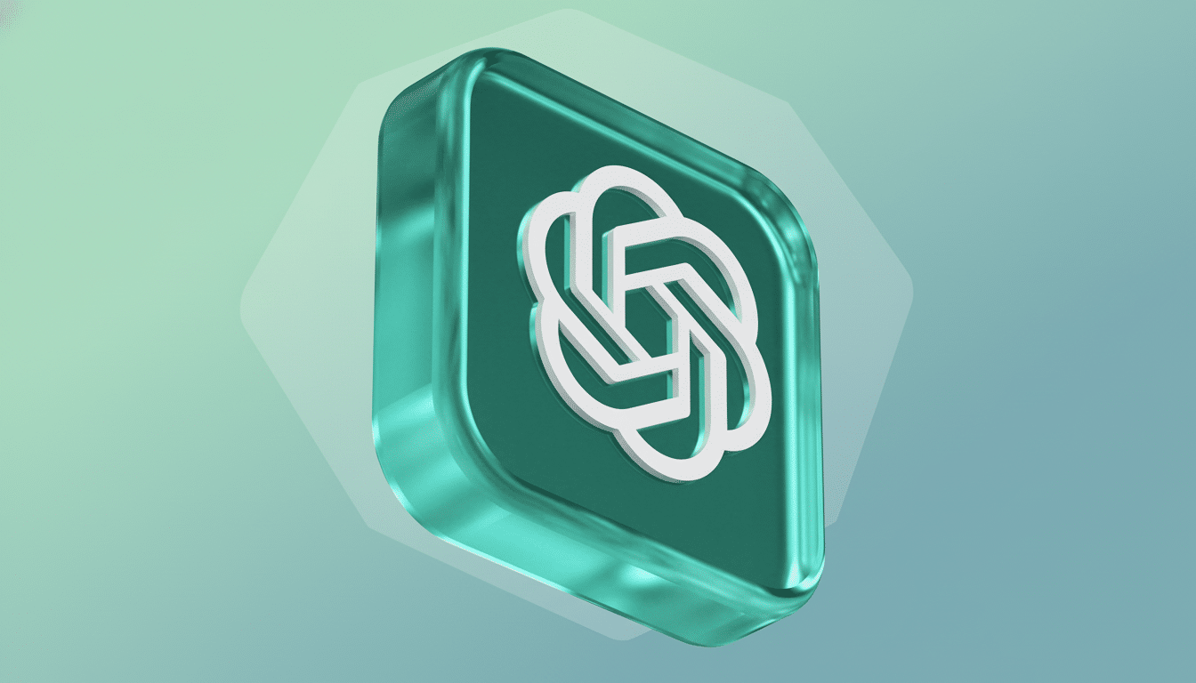 A 3D rendered image of the ChatGPT logo, a white knot-like symbol, encased in a translucent teal rectangular prism with rounded edges. The background is a professional flat design with soft gradients of teal and light green, and subtle geometric patterns.