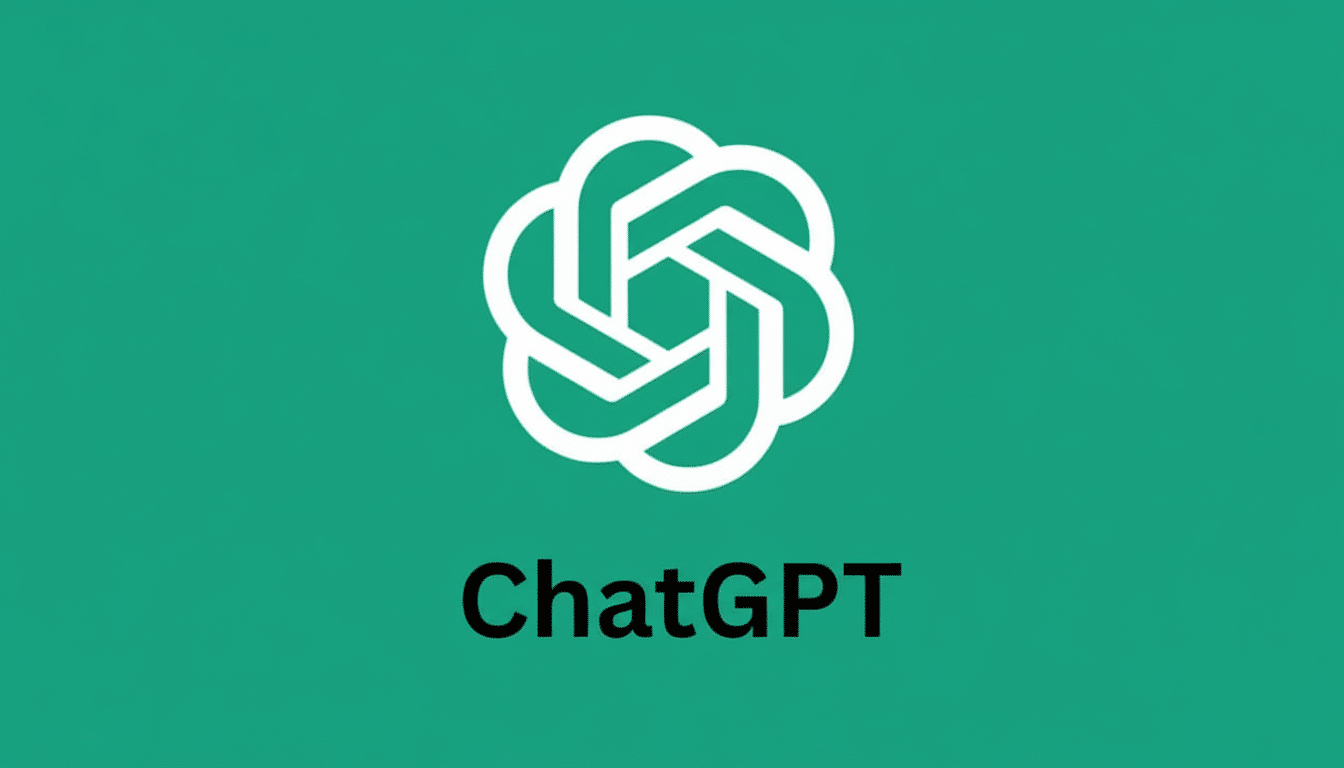 The ChatGPT logo, a white abstract knot-like design, centered above the word ChatGPT in black text, all set against a solid teal background.