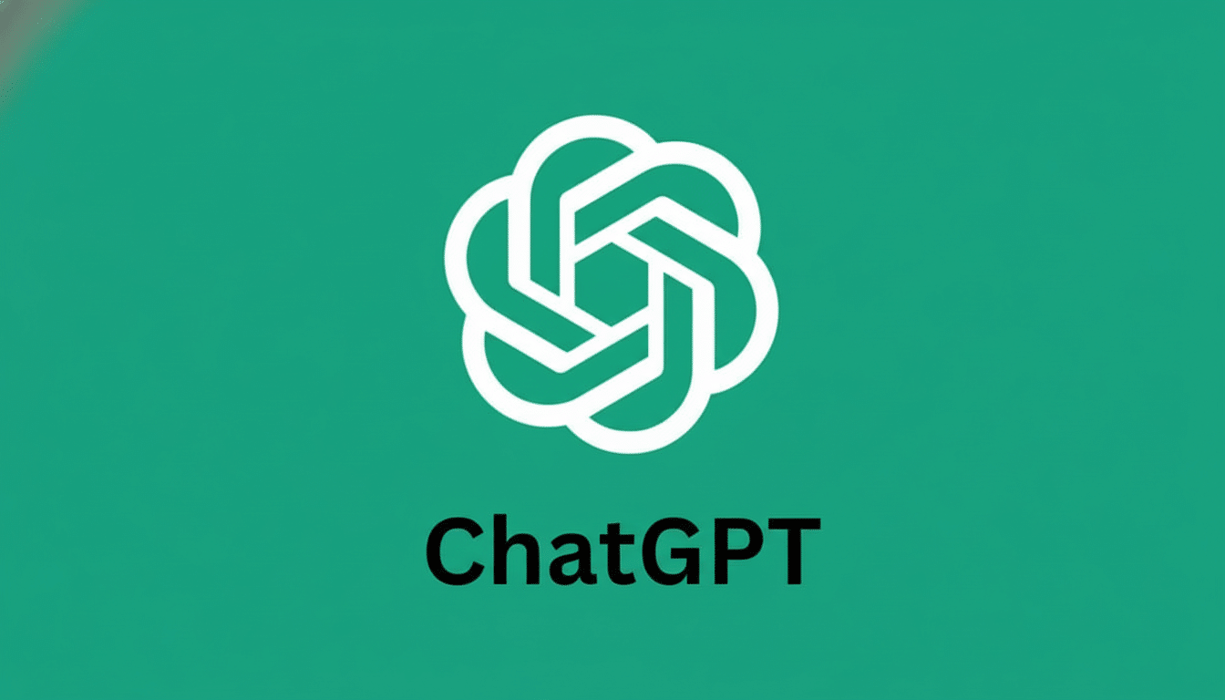 The ChatGPT logo, a white abstract design resembling a knot or intertwined ribbons, centered above the word ChatGPT in black text, all set against a solid teal background.