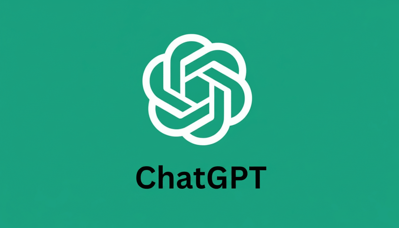 The ChatGPT logo, a white abstract knot-like design, centered above the word ChatGPT in black text, all set against a solid teal background.