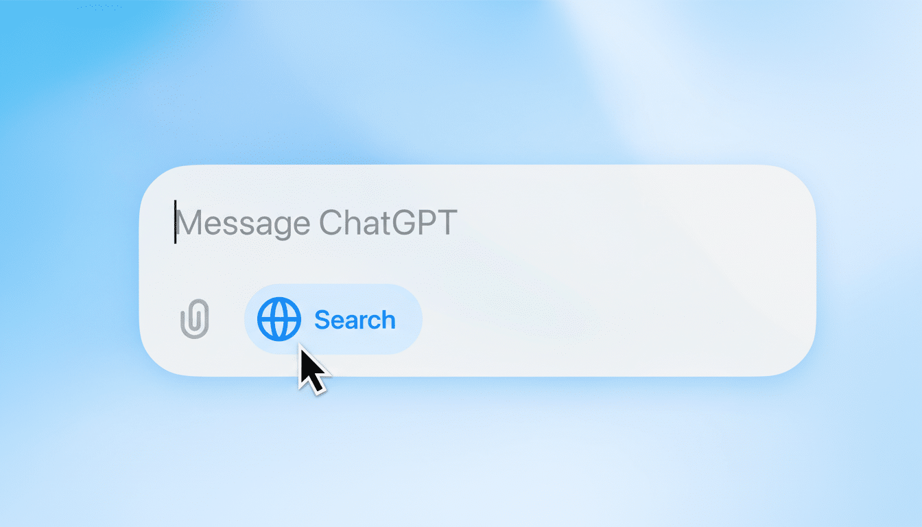 A close-up of a message input field with Message ChatGPT as a placeholder, and a Search button with a globe icon, all set against a soft blue gradient background.