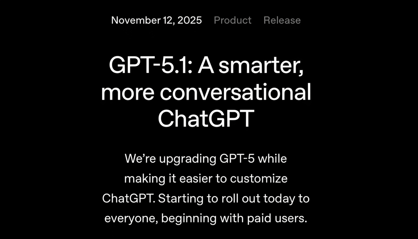 A black background with white text announcing GPT-5.1: A smarter, more conversational ChatGPT and details about its release and upgrade.