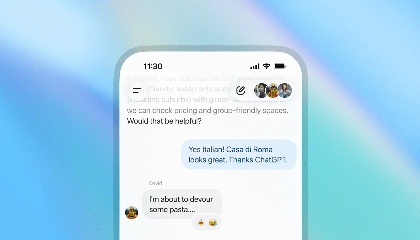 A smartphone screen displaying a chat conversation with ChatGPT, showing a users positive response to an Italian restaurant suggestion and a subsequent message about eating pasta.