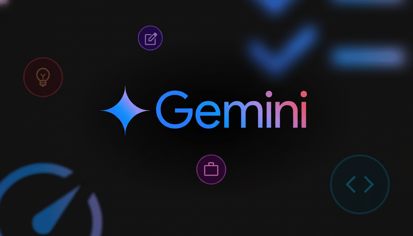 The Gemini logo, a stylized four-pointed star in blue and purple gradient, with the word Gemini next to it in a similar gradient, set against a dark background with blurred, colorful icons.