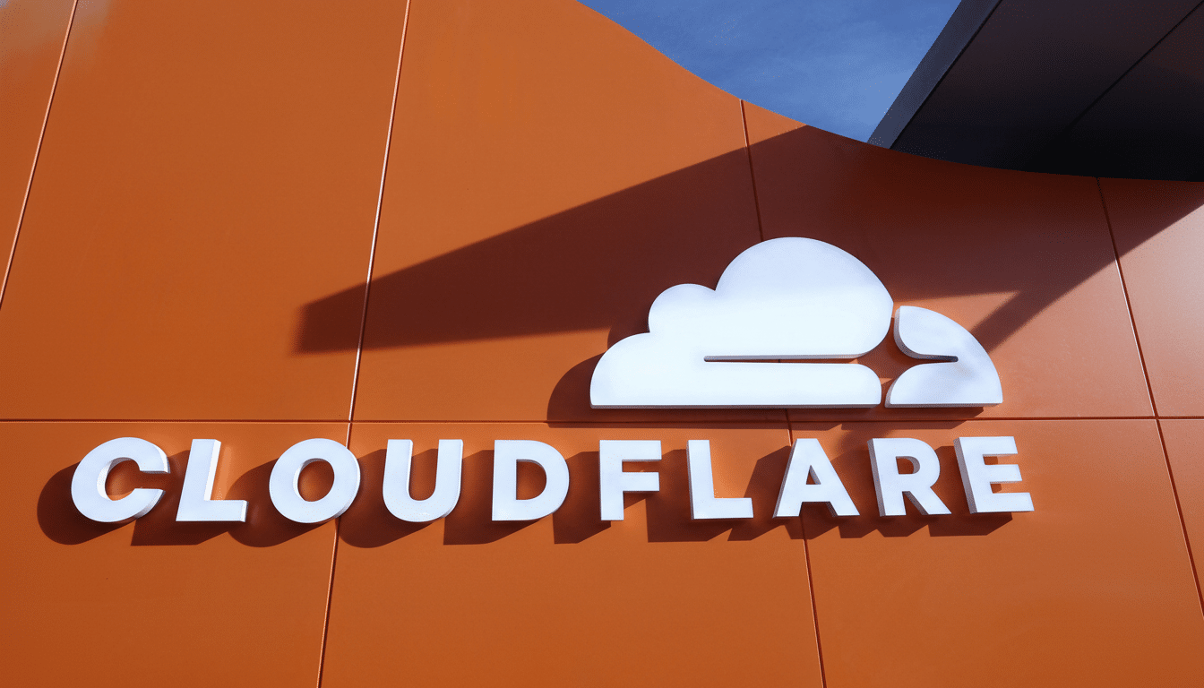 The Cloudflare logo and name in white against an orange building, resized to a 16:9 aspect ratio.
