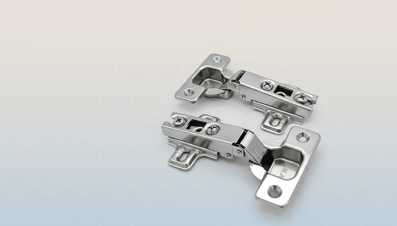 Two silver cabinet hinges with screws are displayed on a professional flat design background with soft patterns and gradients.