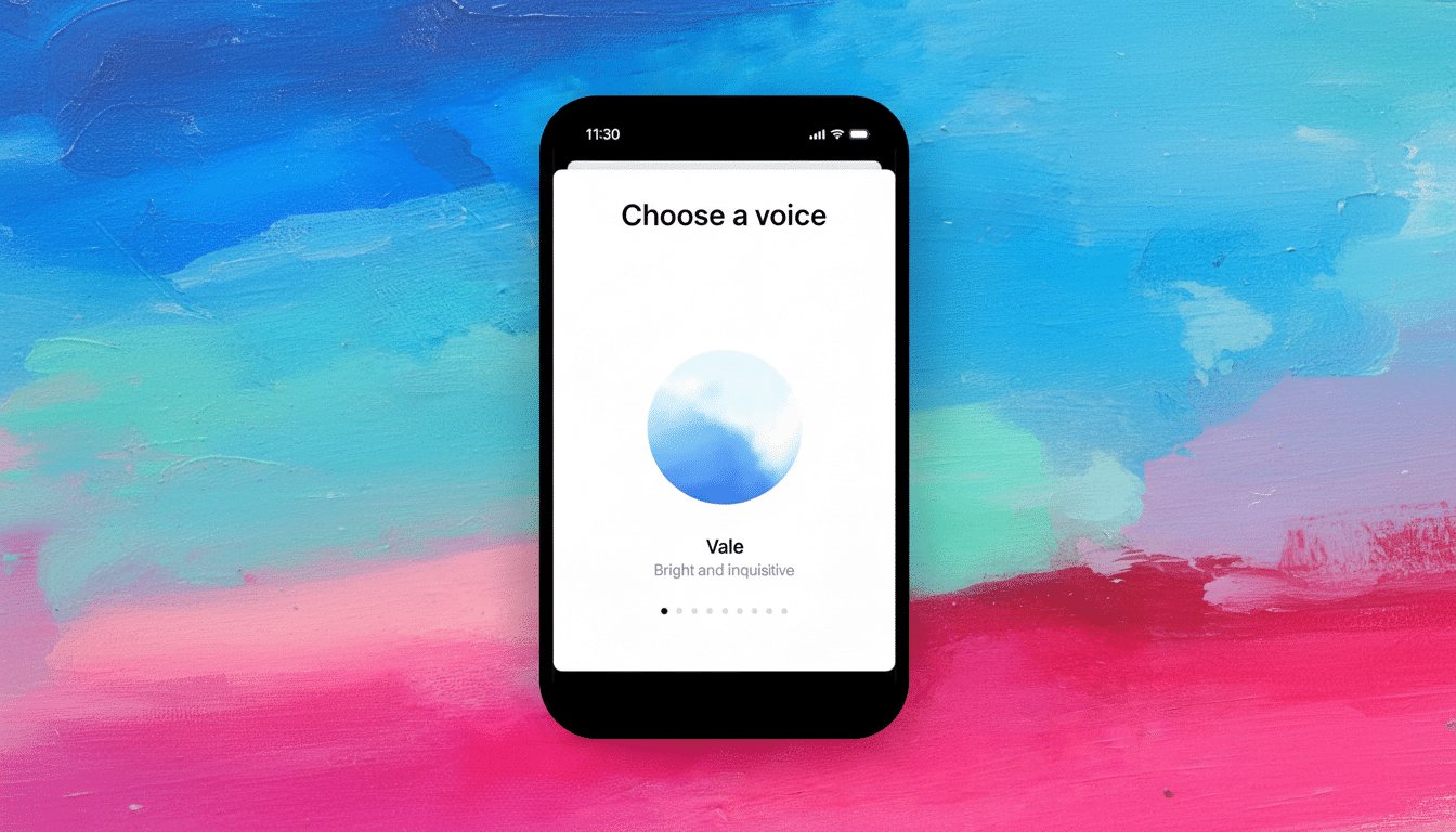 A smartphone displaying a Choose a voice screen with Vale selected, set against a vibrant blue and pink painted background.