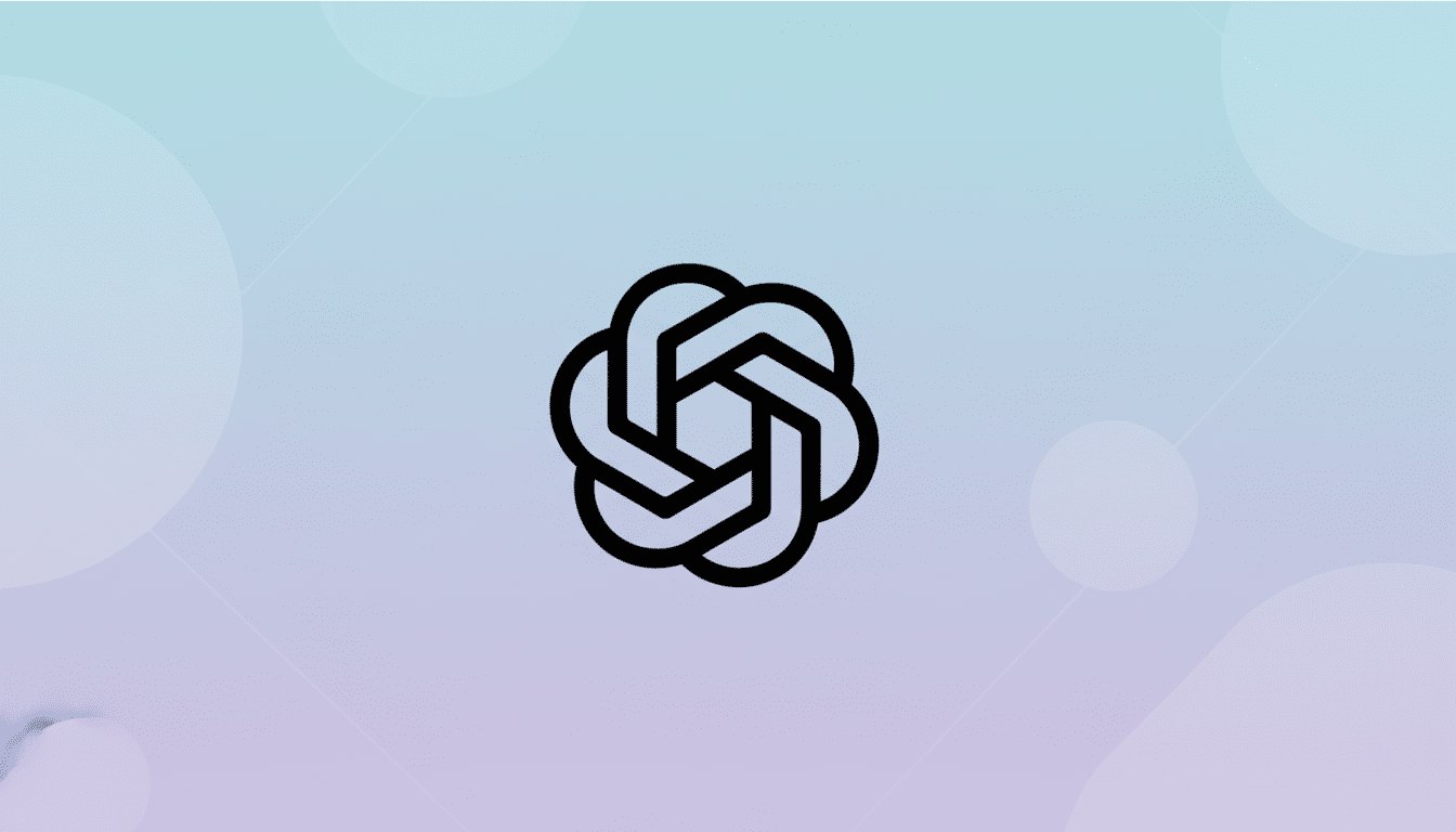 A black, stylized knot-like logo with six interconnected loops forming a central hexagon, set against a professional 16:9 aspect ratio background with soft blue and purple gradients and subtle, abstract shapes.