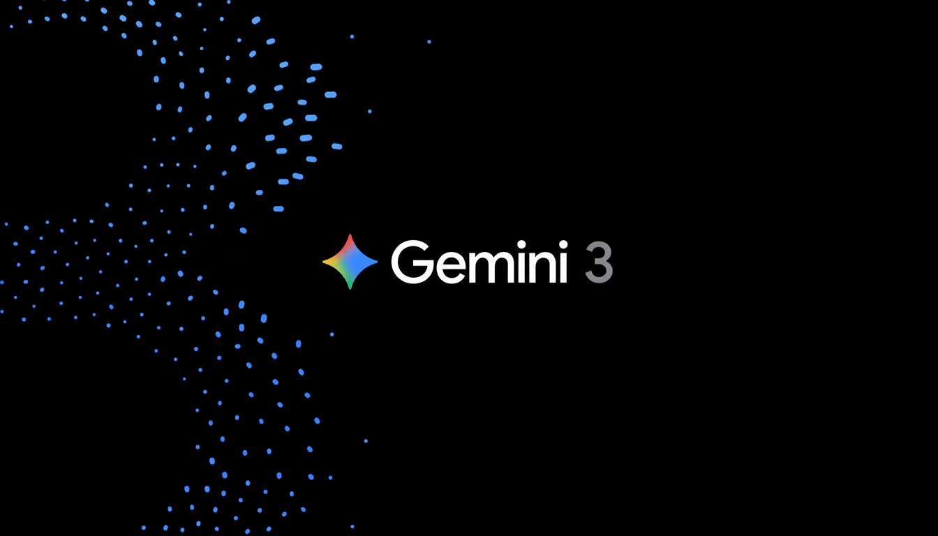 The Gemini 3 logo, featuring a colorful four-pointed star, on a black background with a pattern of blue dots on the left side.