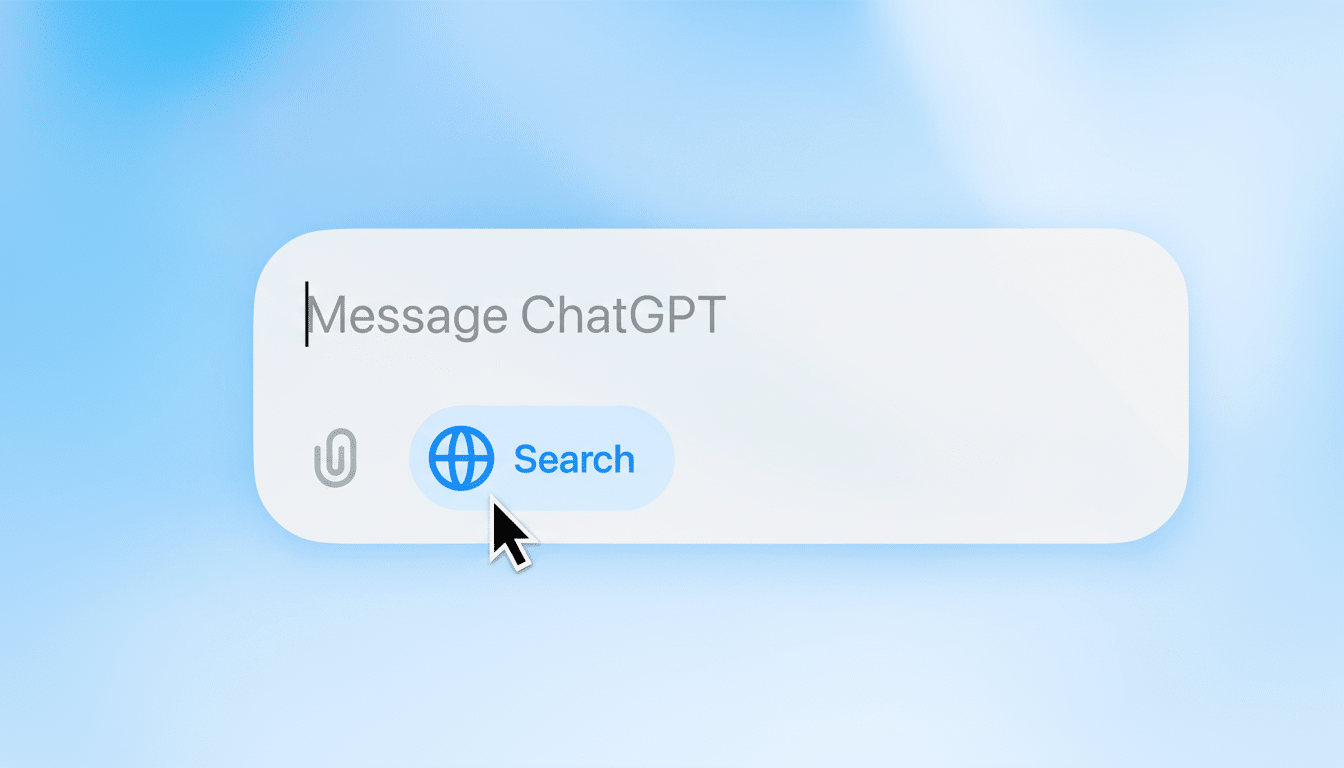 A close-up of a message input field with Message ChatGPT as a placeholder, a paperclip icon, and a blue Search button with a globe icon, all against a soft blue gradient background.