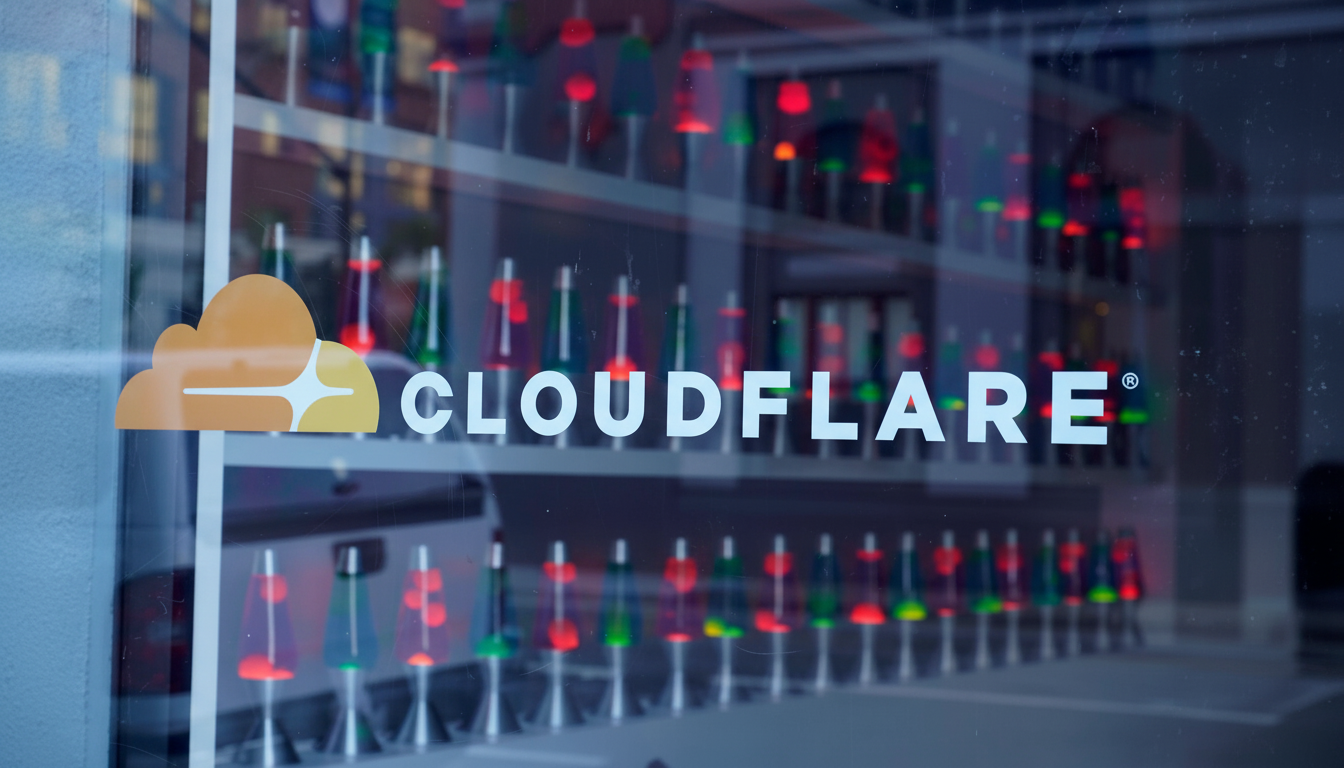 The Cloudflare logo and name are displayed on a glass window, reflecting the interior with rows of colorful lava lamps.