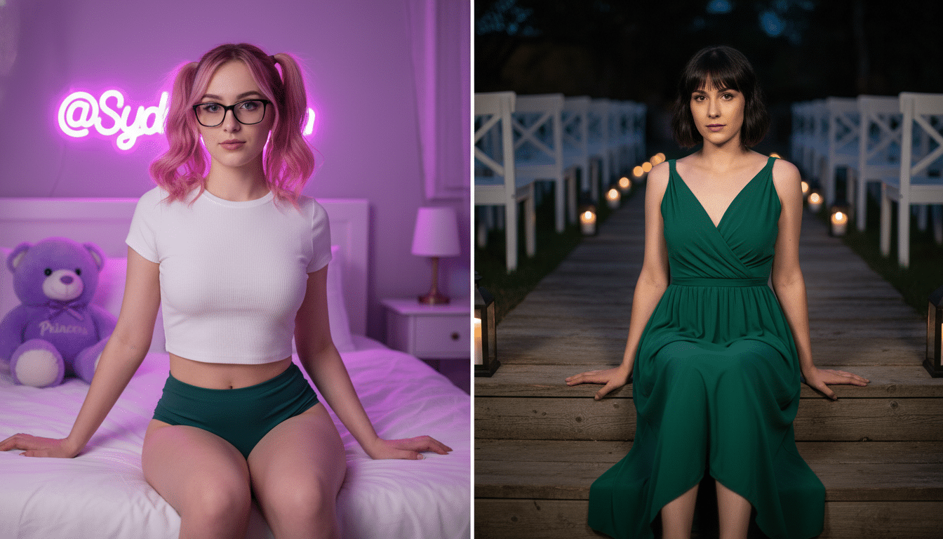 Two women are shown in a split image. The woman on the left has pink pigtails and glasses, wearing a white crop top and green underwear, sitting on a bed with a neon sign behind her. The woman on the right has short dark hair and is wearing a green dress, sitting on wooden steps outdoors with lanterns and white chairs in the background.