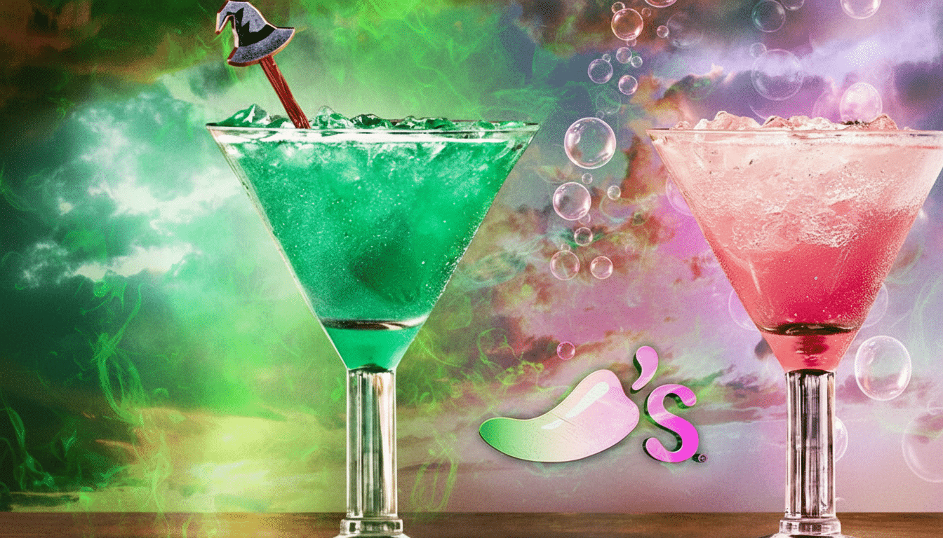 A vibrant green cocktail with a witch hat stirrer and a pink cocktail, both in martini glasses, set against a mystical, smoky background with bubbles and the Chilis logo.