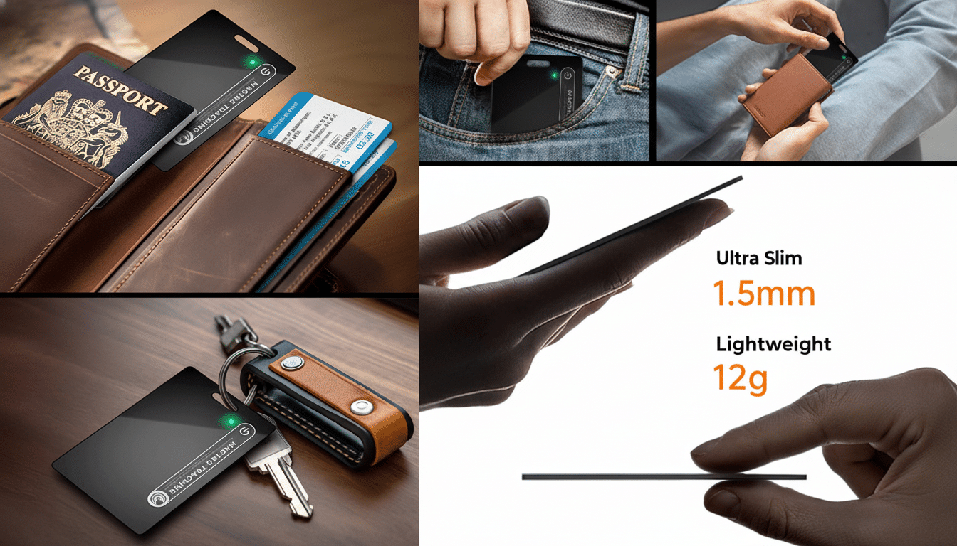 A collage of images showcasing a slim, black tracking device. The top left shows it in a wallet with a passport and boarding pass. The top right shows it being placed in a jeans pocket and held with a wallet. The bottom left shows it attached to a keychain with keys. The bottom right highlights its ultra-slim 1.5mm profile and lightweight 12g design, with hands demonstrating its thinness.