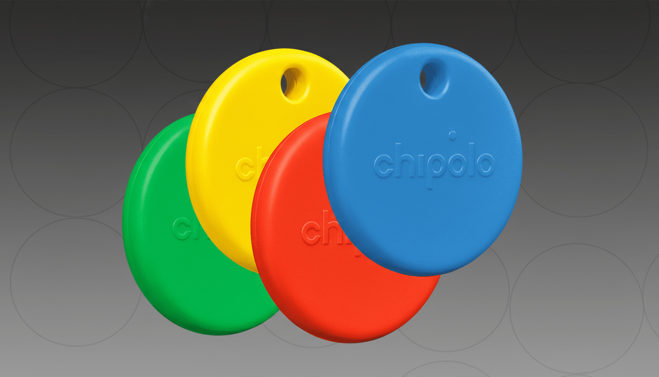 Four colorful Chipolo item trackers (green, yellow, red, and blue) are arranged in a slight overlap against a professional gray background with subtle circular patterns.