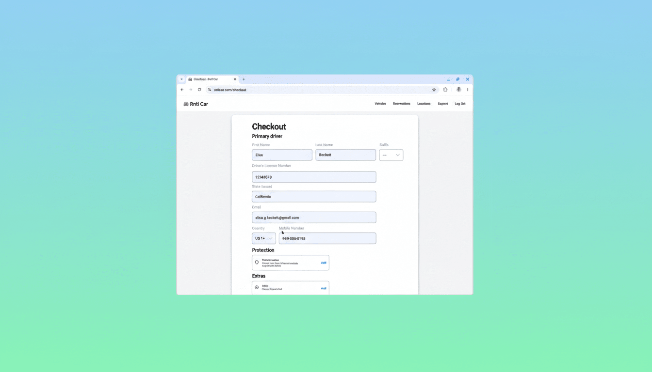 A web browser displaying a car rental checkout page with fields for primary driver information, including name, drivers license, email, and mobile number.