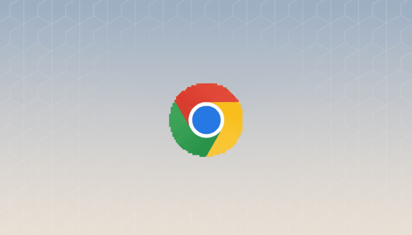 The Google Chrome logo centered on a professional flat design background with a soft blue and white gradient and subtle geometric patterns.