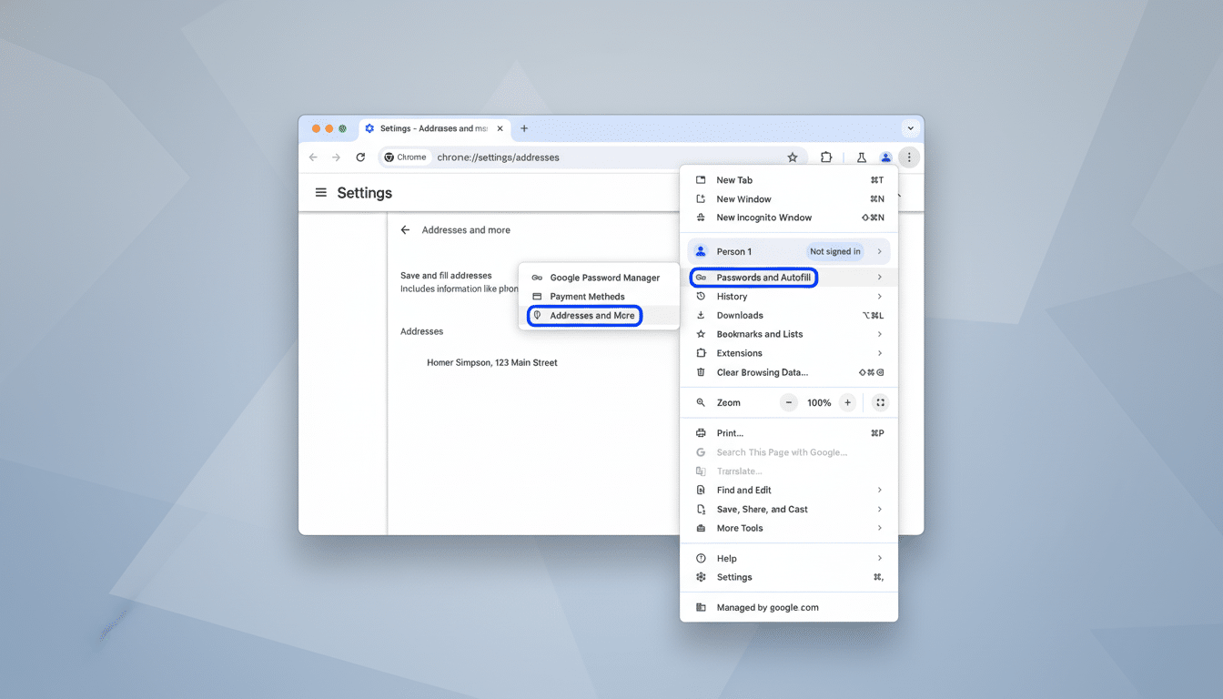 A screenshot of Google Chromes settings page, specifically showing the Addresses and more section under Passwords and Autofill, with a dropdown menu open on the right side of the browser window.