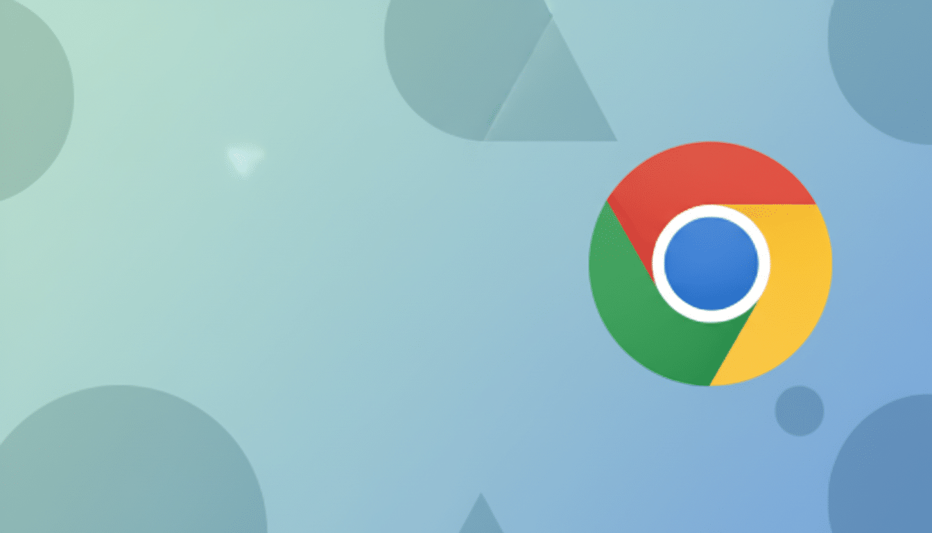 The Google Chrome logo, a red, yellow, and green circle with a blue center, is positioned on the right side of a light blue background with subtle geometric patterns.
