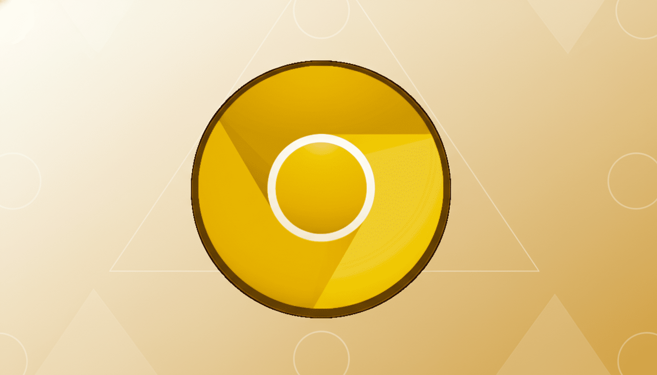 A professionally enhanced image of the Google Chrome icon in a golden hue, set against a soft, gradient background with subtle geometric patterns, resized to a 16:9 aspect ratio.