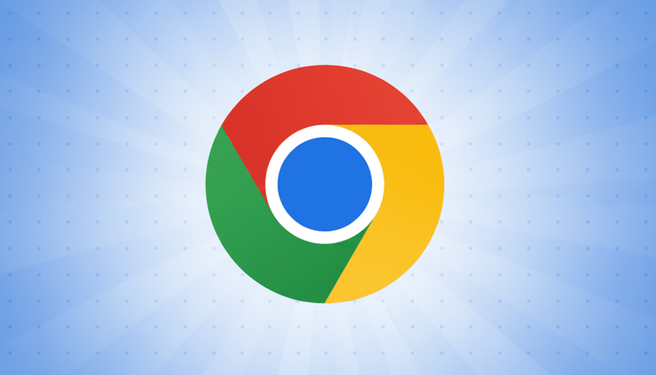 The Google Chrome logo, a red, yellow, and green circle with a blue center, set against a light blue background with subtle radial lines and small dots.