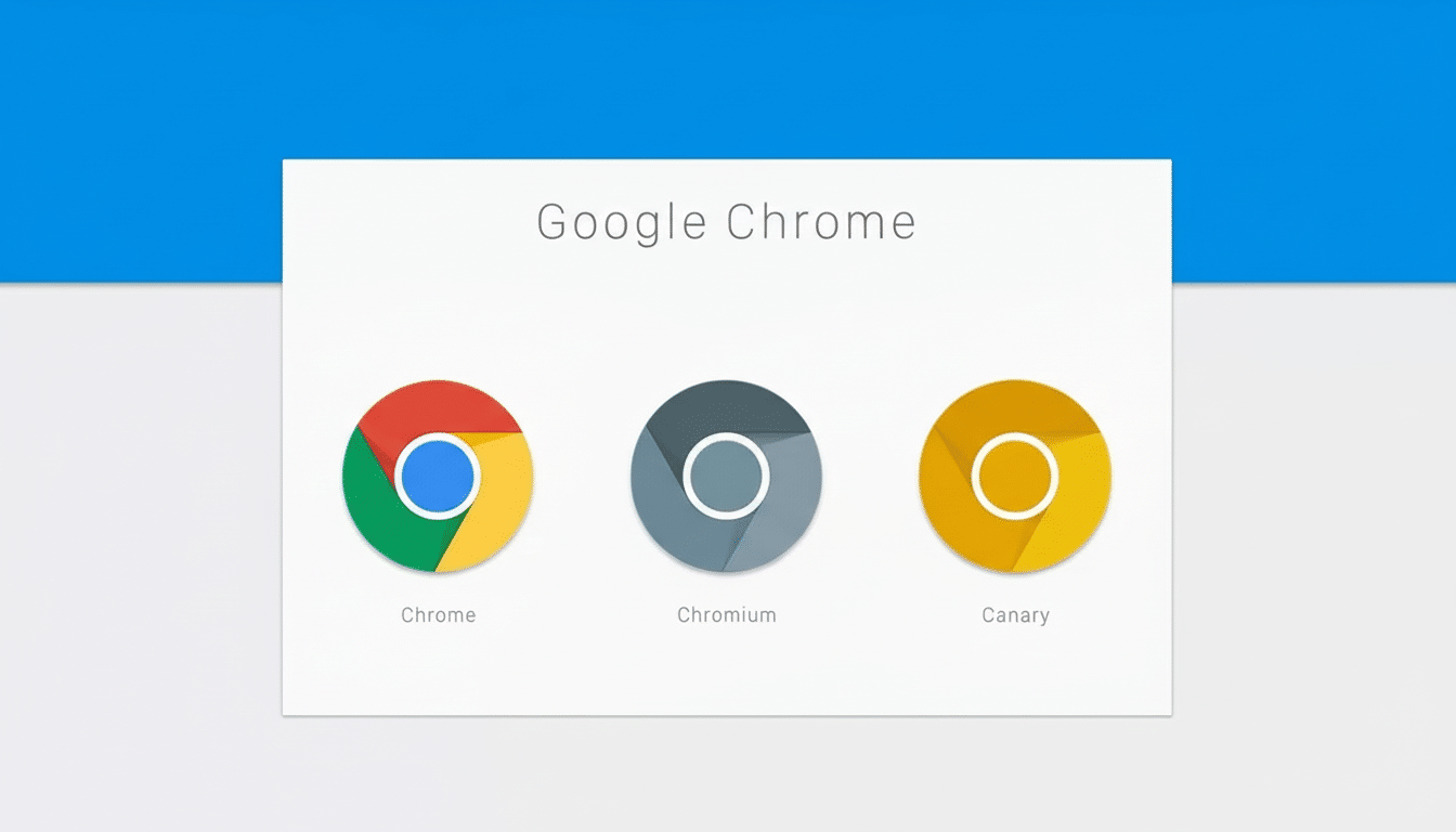 A professionally enhanced image of the Google Chrome, Chromium, and Canary logos on a white card, set against a blue and light gray background, resized to a 16:9 aspect ratio.