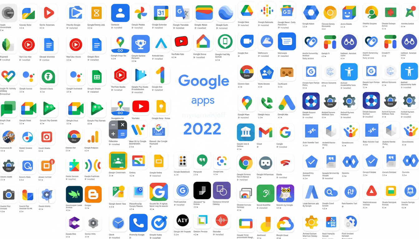 A collage of various Google app icons, with the Google apps 2022 logo in the center.