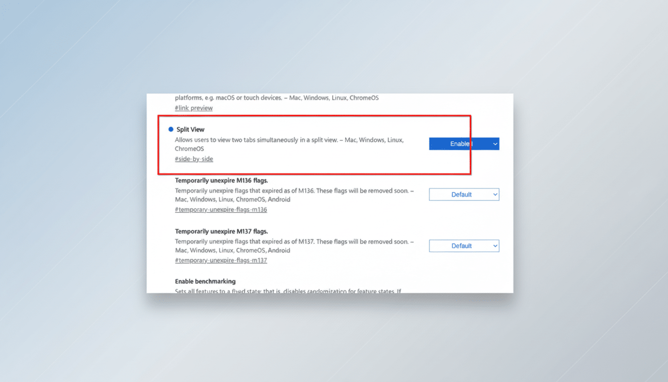 A screenshot of a web browsers settings page, highlighting the Split View option with an Enable button. The image is resized to a 16:9 aspect ratio with a professional flat design background.