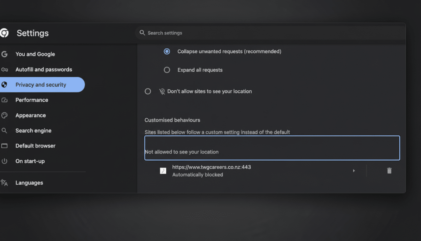 Chrome for Android displaying site-specific location permission controls
