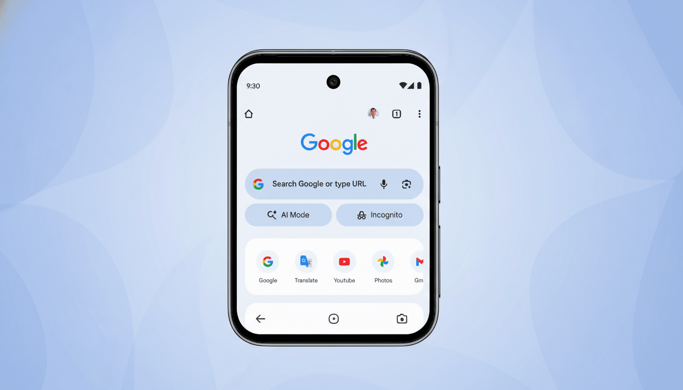 A smartphone displaying the Google search page with a professional, soft blue patterned background.
