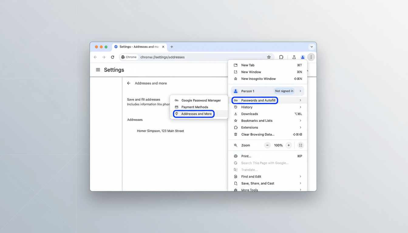 A screenshot of the Google Chrome browser settings page, specifically showing the Addresses and more section under Passwords and Autofill. The Addresses and More option is highlighted with a blue circle.