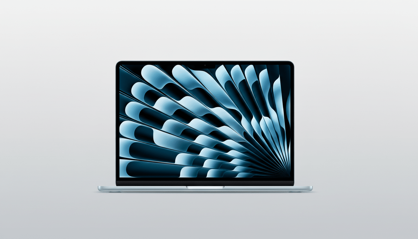 A light blue laptop with a screen displaying a blue and black abstract fan-like pattern, set against a professional light gray gradient background.