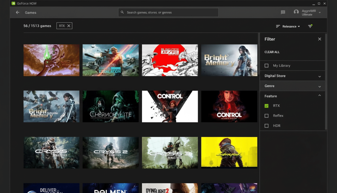 A screenshot of the GeForce NOW application interface, displaying a grid of game titles with a filter sidebar on the right.