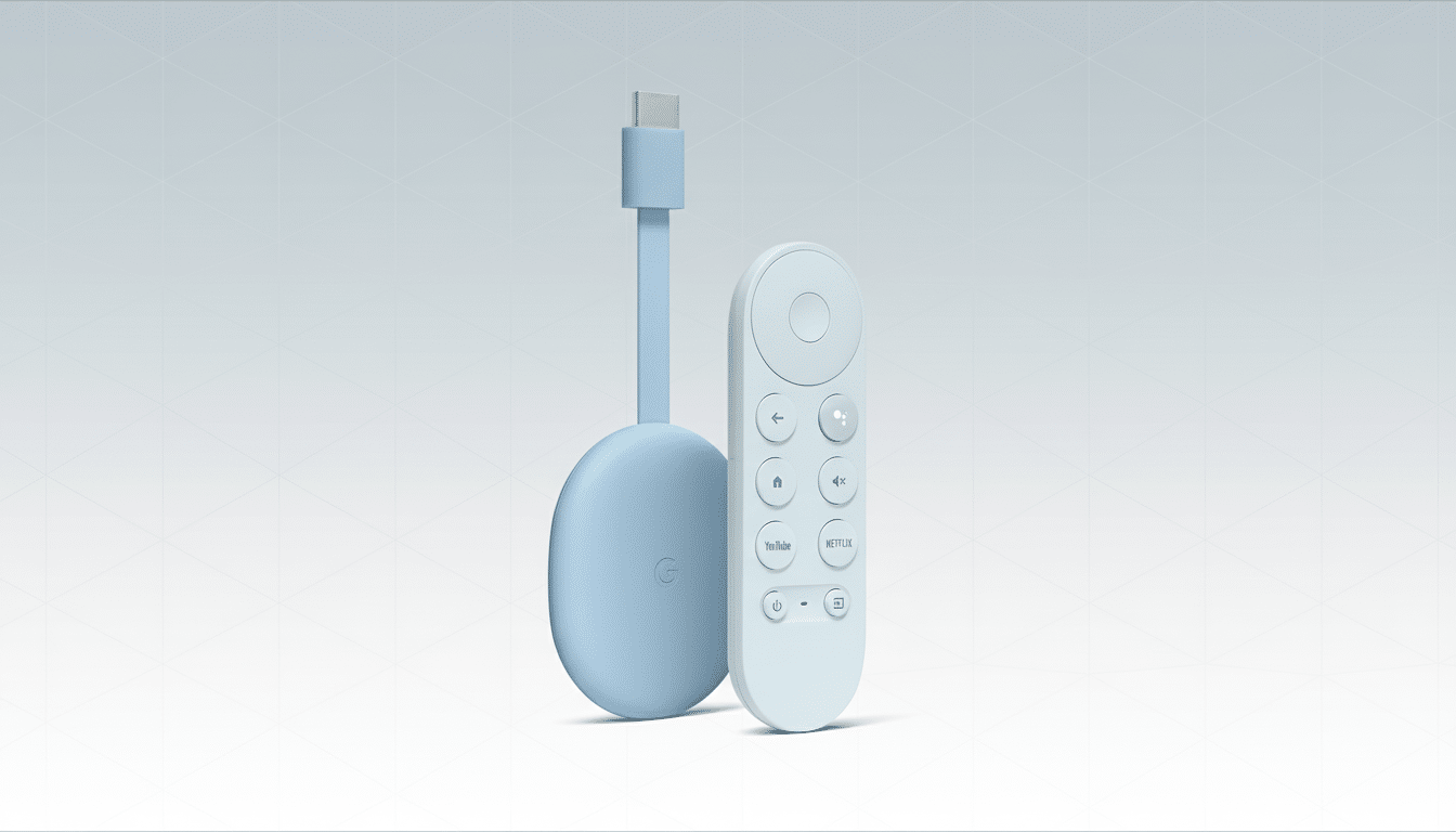 A light blue Google Chromecast with Google TV and its matching white remote control, presented on a professional light gray background with subtle geometric patterns.