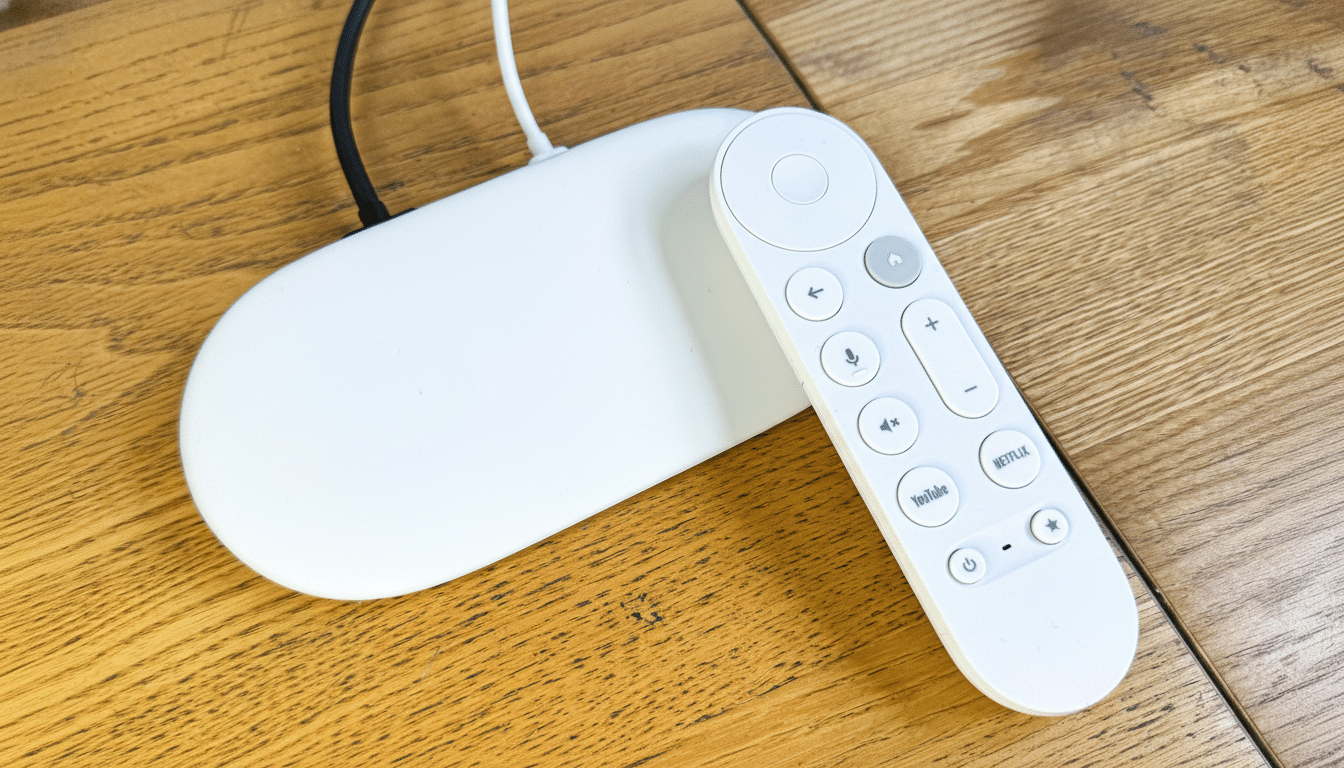 A white Chromecast with Google TV and its remote control on a wooden surface.