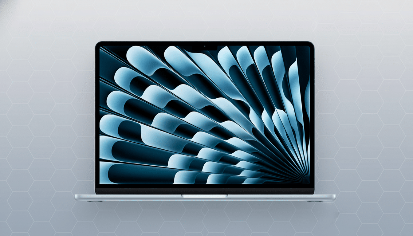 A light blue laptop with a screen displaying a blue and black abstract pattern, set against a professional light gray background with a subtle hexagonal pattern.