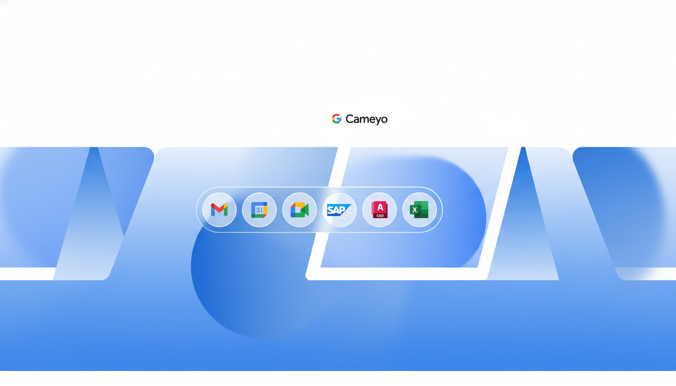 A professional image featuring the Google Cameyo logo at the top, with a row of application icons (Gmail, Calendar, Google Drive, SAP, AutoCAD, Excel) centered on a blue and white gradient background.