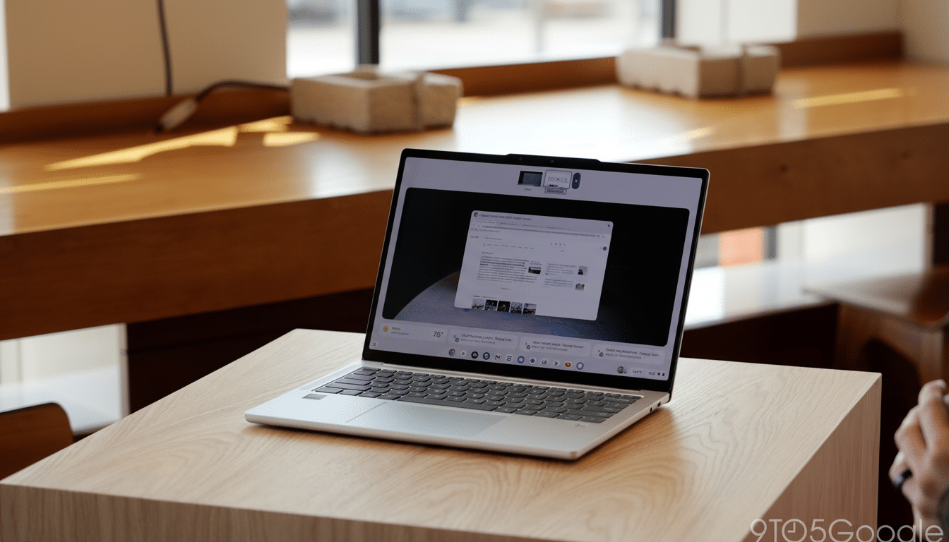 A silver laptop with a screen displaying a web browser, sitting on a light wooden table.