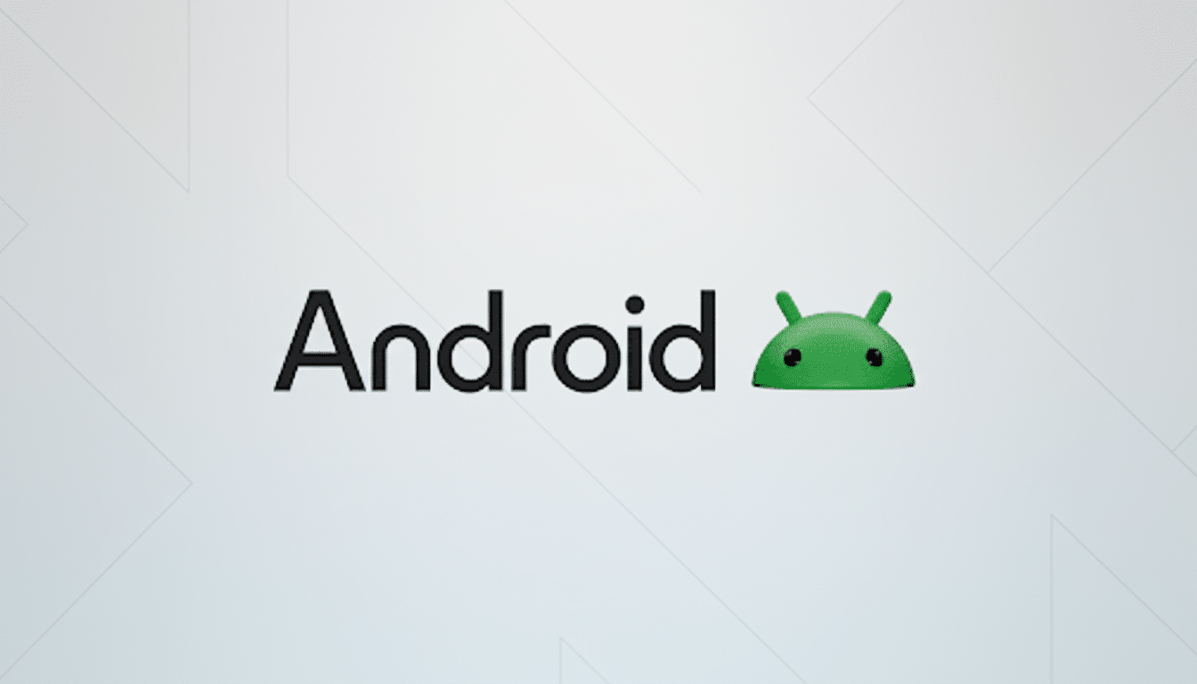 The Android logo, featuring the word Android in black text next to a green robot head, set against a light gray background with subtle geometric patterns.