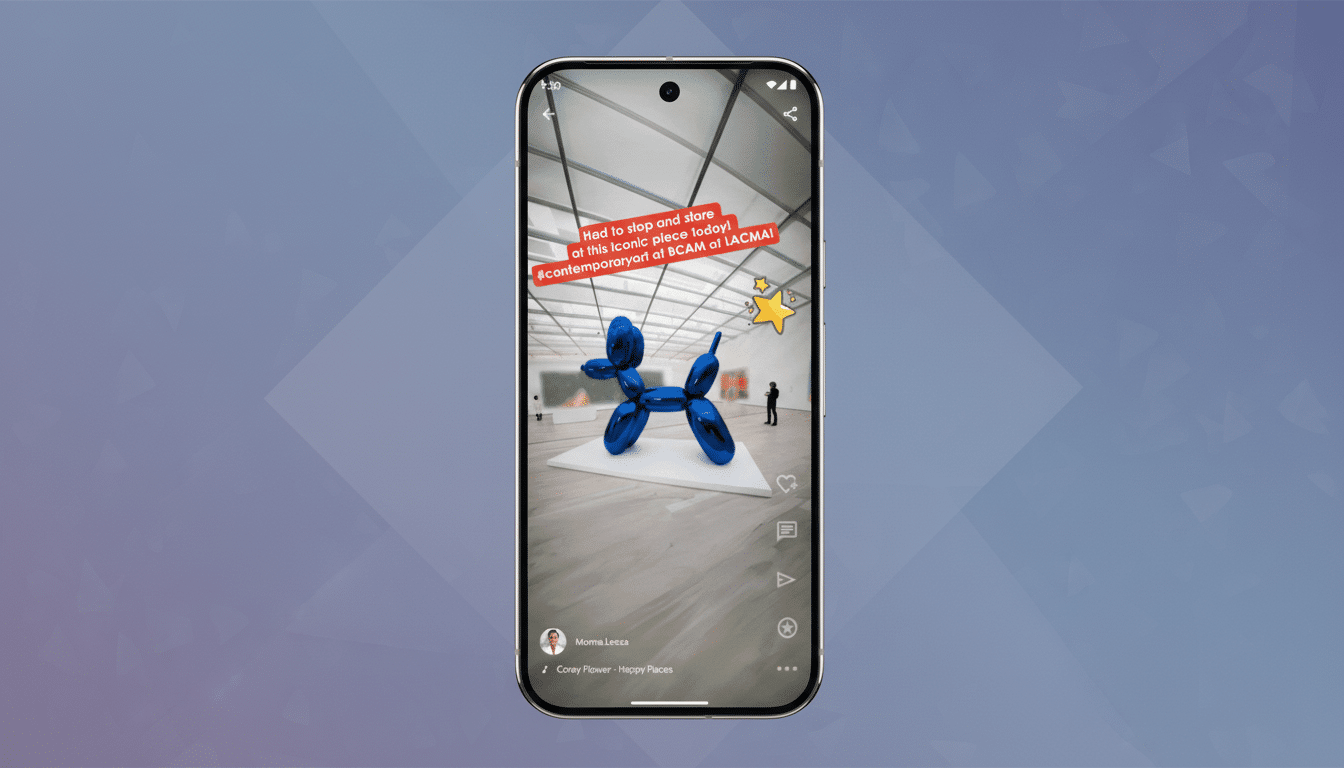 A smartphone displaying a social media post featuring a blue balloon dog sculpture in a museum, set against a professional flat design background with soft patterns and gradients.