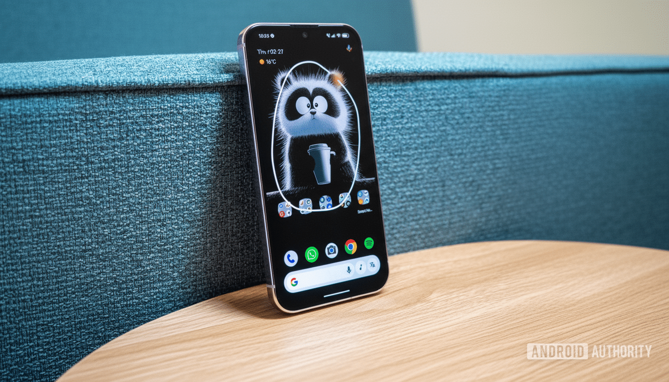 A smartphone displaying a cartoon raccoon wallpaper and various app icons, leaning against a teal upholstered surface on a wooden table.