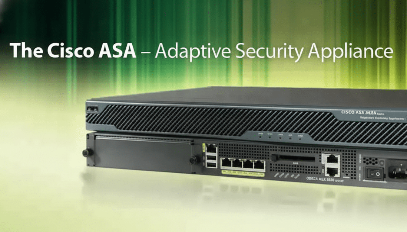 A Cisco ASA Adaptive Security Appliance with the text The Cisco ASA - Adaptive Security Appliance on a green and yellow gradient background.