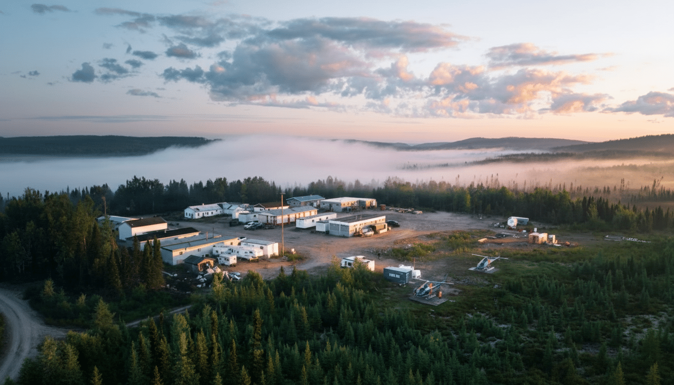 An aerial view of a remote camp nestled in a forest, with several buildings and helicopters on a clearing, surrounded by trees and a misty landscape under a dramatic sky.