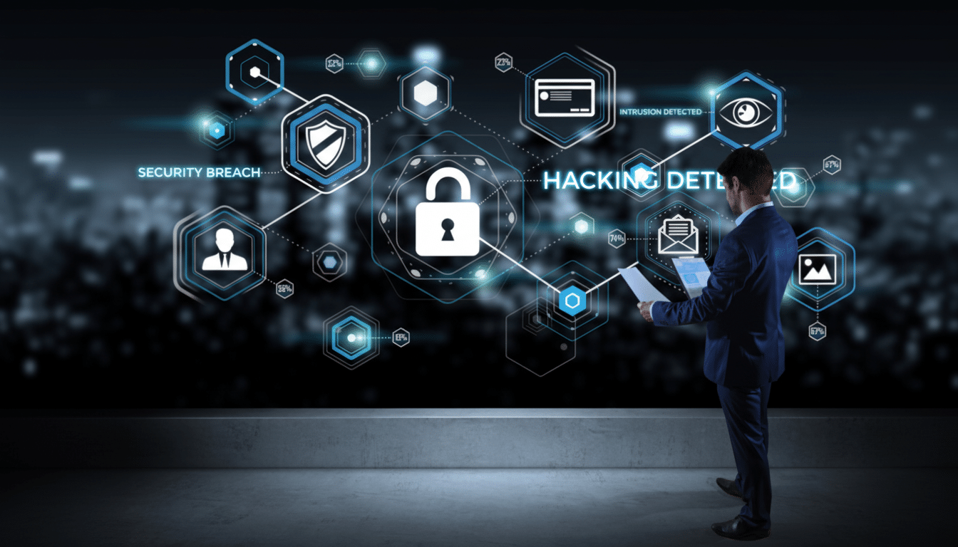 A man in a suit stands on a ledge overlooking a city at night, interacting with a holographic display of interconnected cybersecurity icons and text like SECURITY BREACH and HACKING DETECTED.