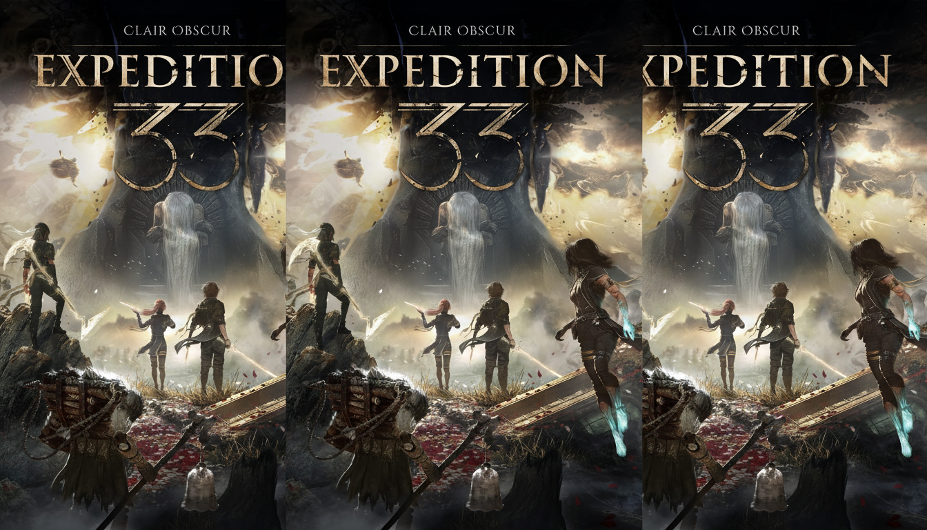 The image shows the cover art for Clair Obscur: Expedition 33, featuring several characters in a fantastical, somewhat dark setting with a large, ethereal figure in the background.