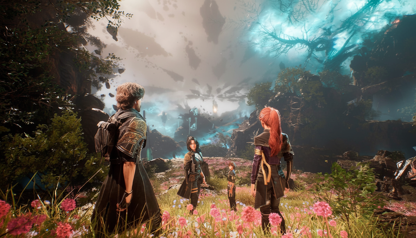 A group of four characters standing in a field of pink flowers, looking towards a mystical, glowing landscape with floating islands and a large, gnarled tree in the distance.